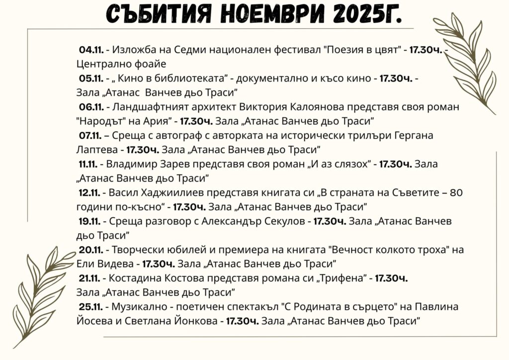 СЪБИТИЯ В Регионална библиотека “Христо Смирненски”